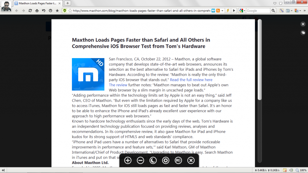 Maxthon Web Browser Reader Mode